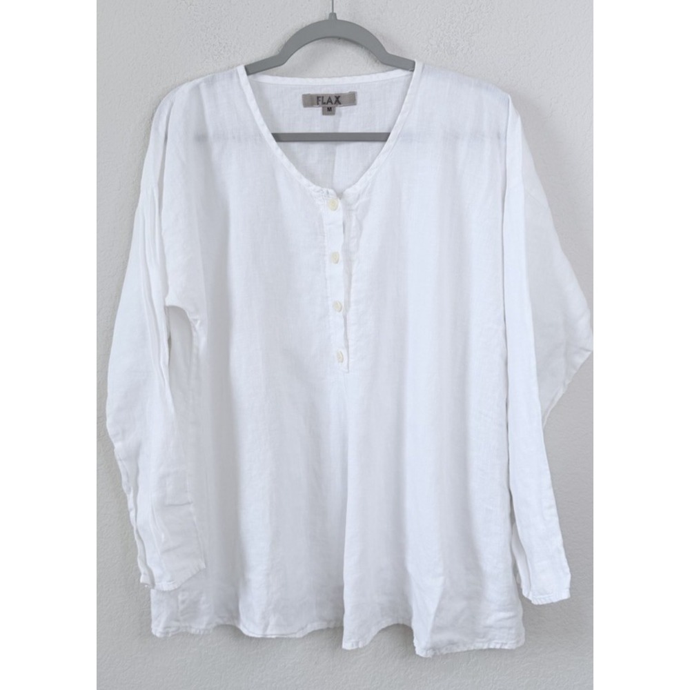 FLAX 100% Linen Pullover Tunic Top Sz M White Oversized Lagenlook Cottagecore